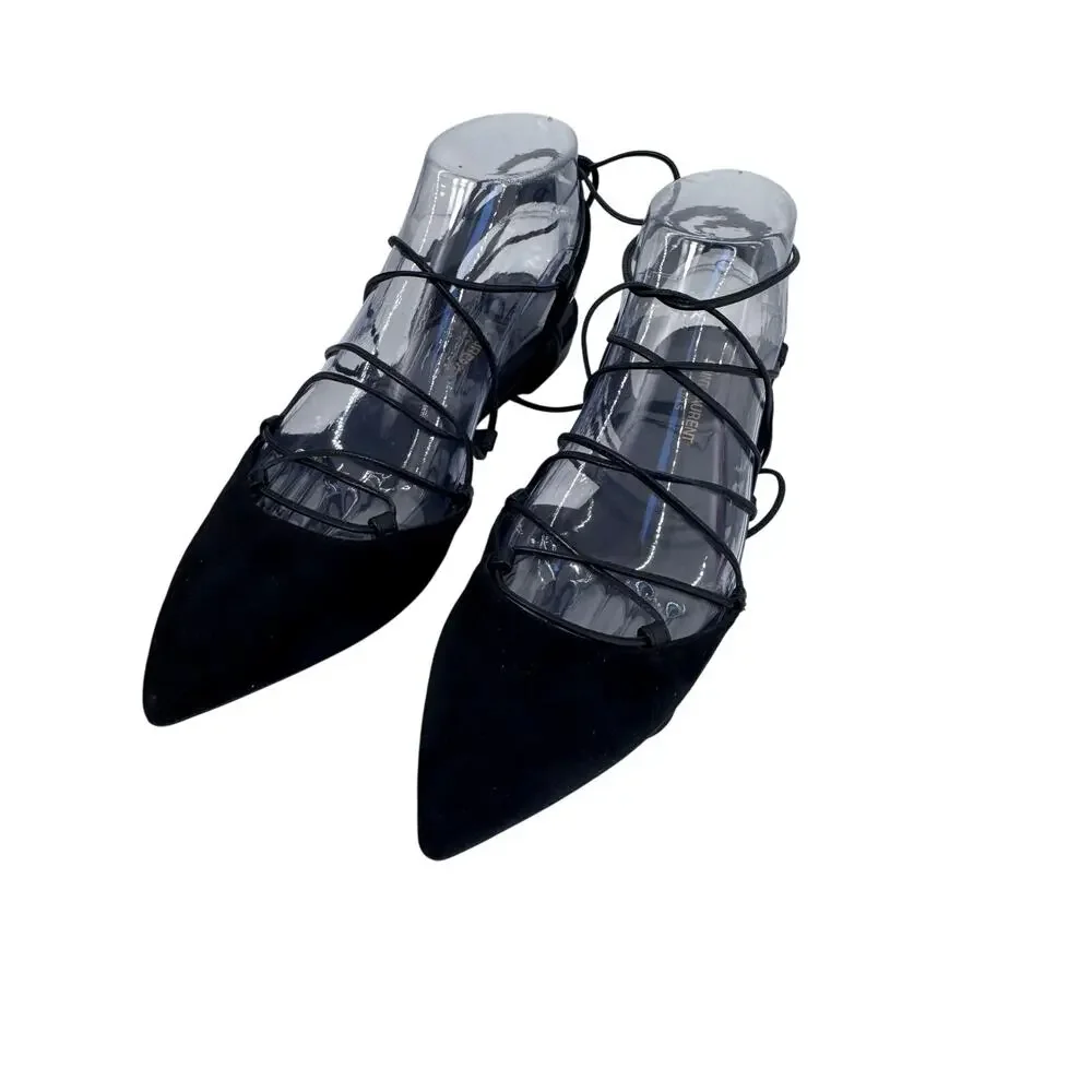 Saint Laurent Black Suede Lace Up Gladiator Pointed Toe Ballet Flats EU 37.5 YSL
